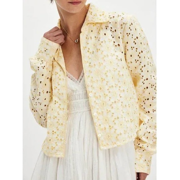 Free People Tops - Free People Dream A Little Dream Yellow Sunflower Eyelet Lace Crop Shirt NWT S